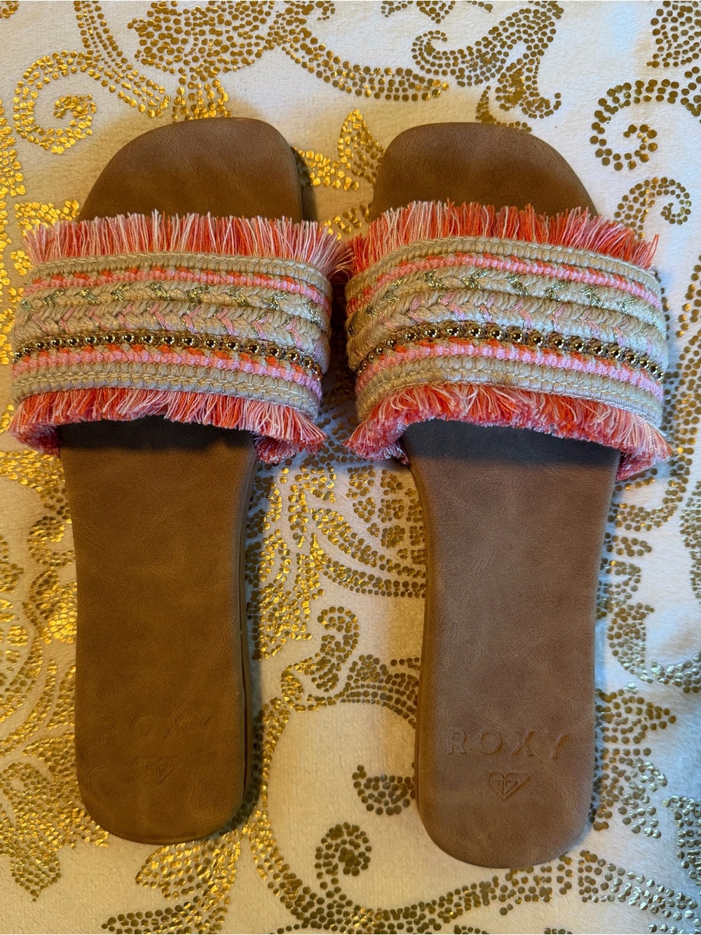Roxy Pink Fringed Slide Sandals Size 9